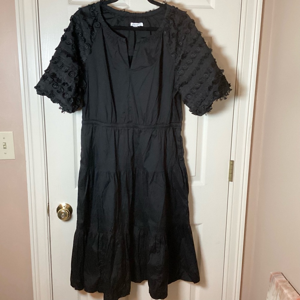 Chico's Poplin Black Textured Puff Sleeve Tiered Dress - Chico’s 2.5/US 14
